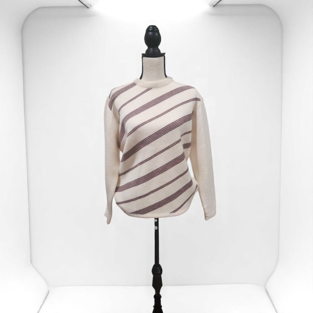 Vintage Cream Sweater with Diagonal Stripes – Women’s M